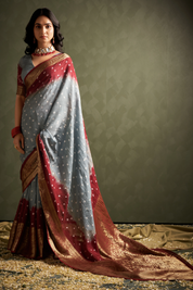 Classic Cloud Grey Kanjeevaram Silk Bandhani Saree