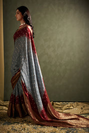 Classic Cloud Grey Kanjeevaram Silk Bandhani Saree