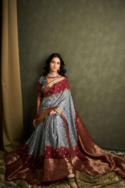 Classic Cloud Grey Kanjeevaram Silk Bandhani Saree