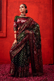 Majestic Ivy Green Jaquard Silk Bandhani Saree