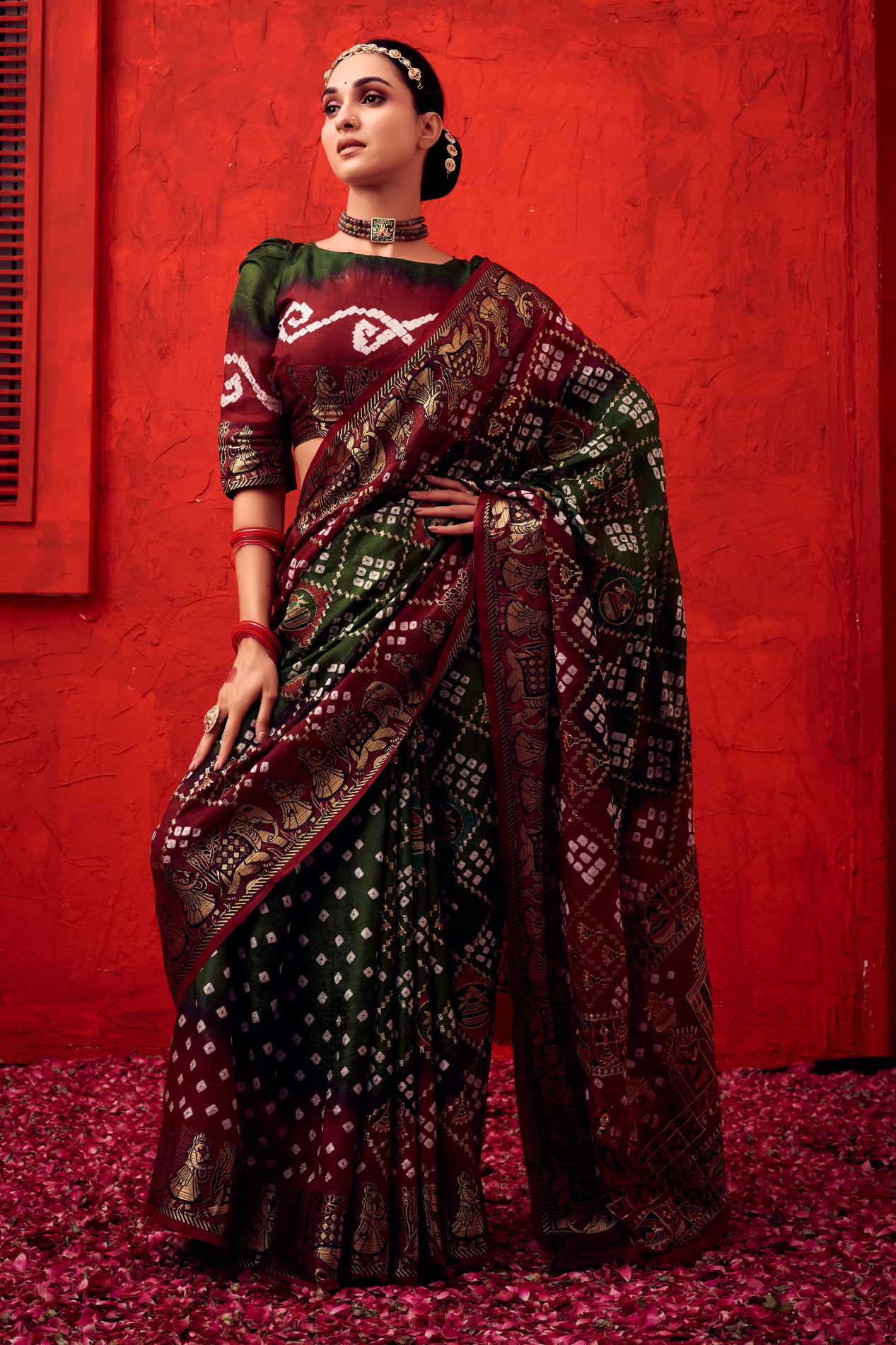 Majestic Ivy Green Jaquard Silk Bandhani Saree