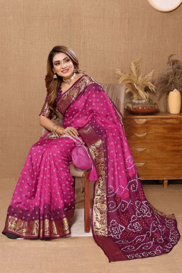 Lavish Light Pink Jaquard Silk Bandhani Saree