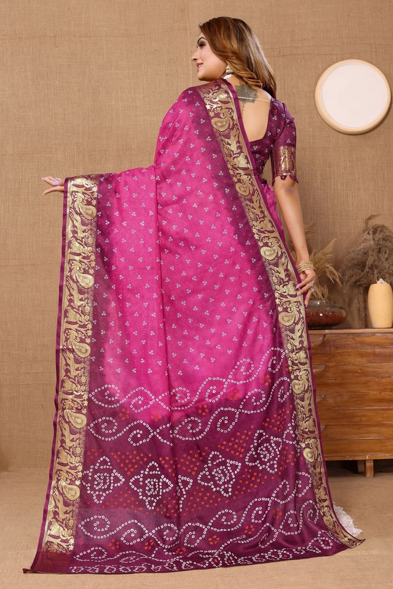 Lavish Light Pink Jaquard Silk Bandhani Saree