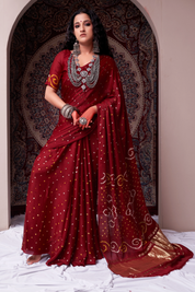 Refined Mahogany Maroon Gajji Silk Bandhani Saree