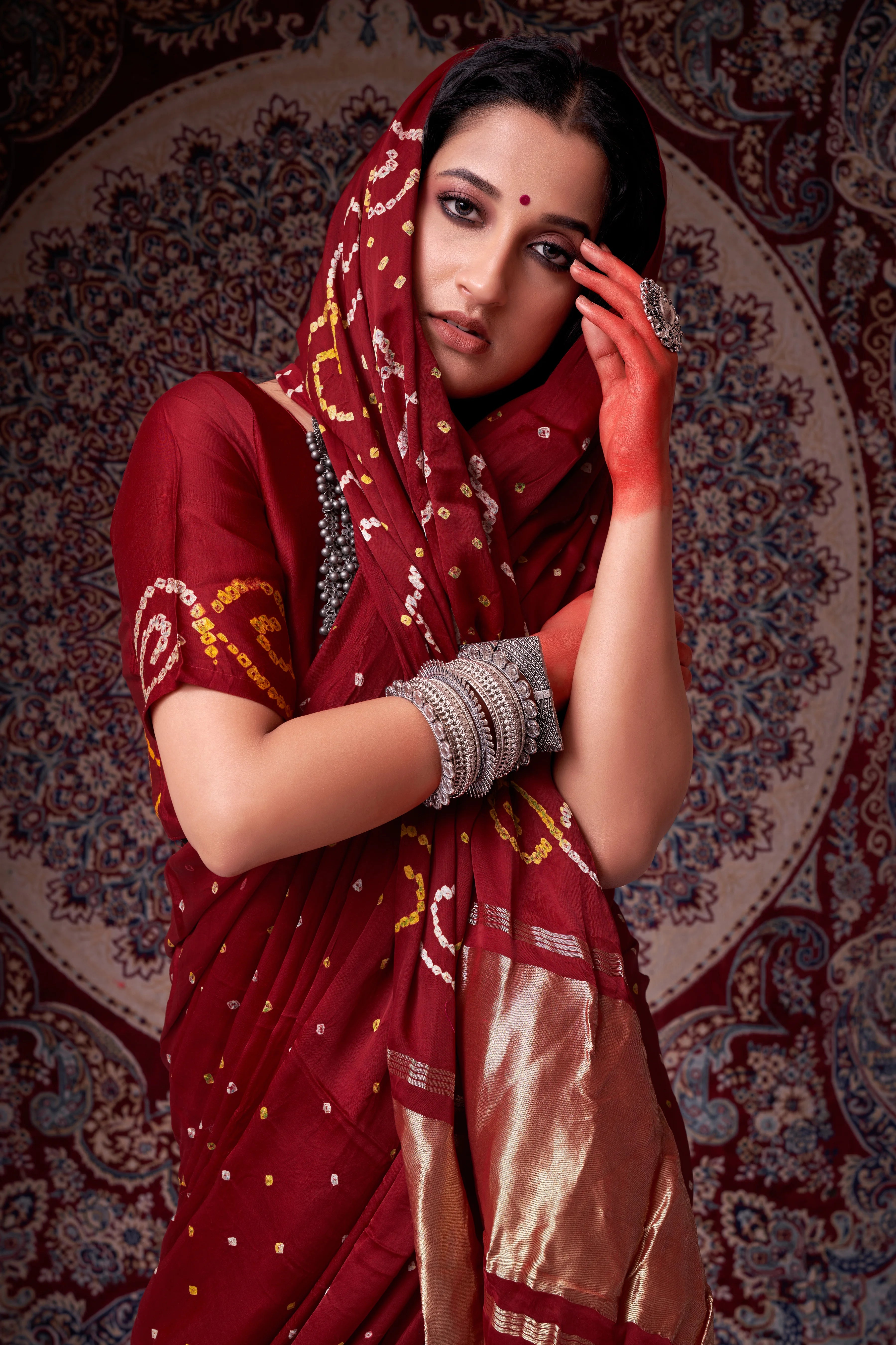 Refined Mahogany Maroon Gajji Silk Bandhani Saree