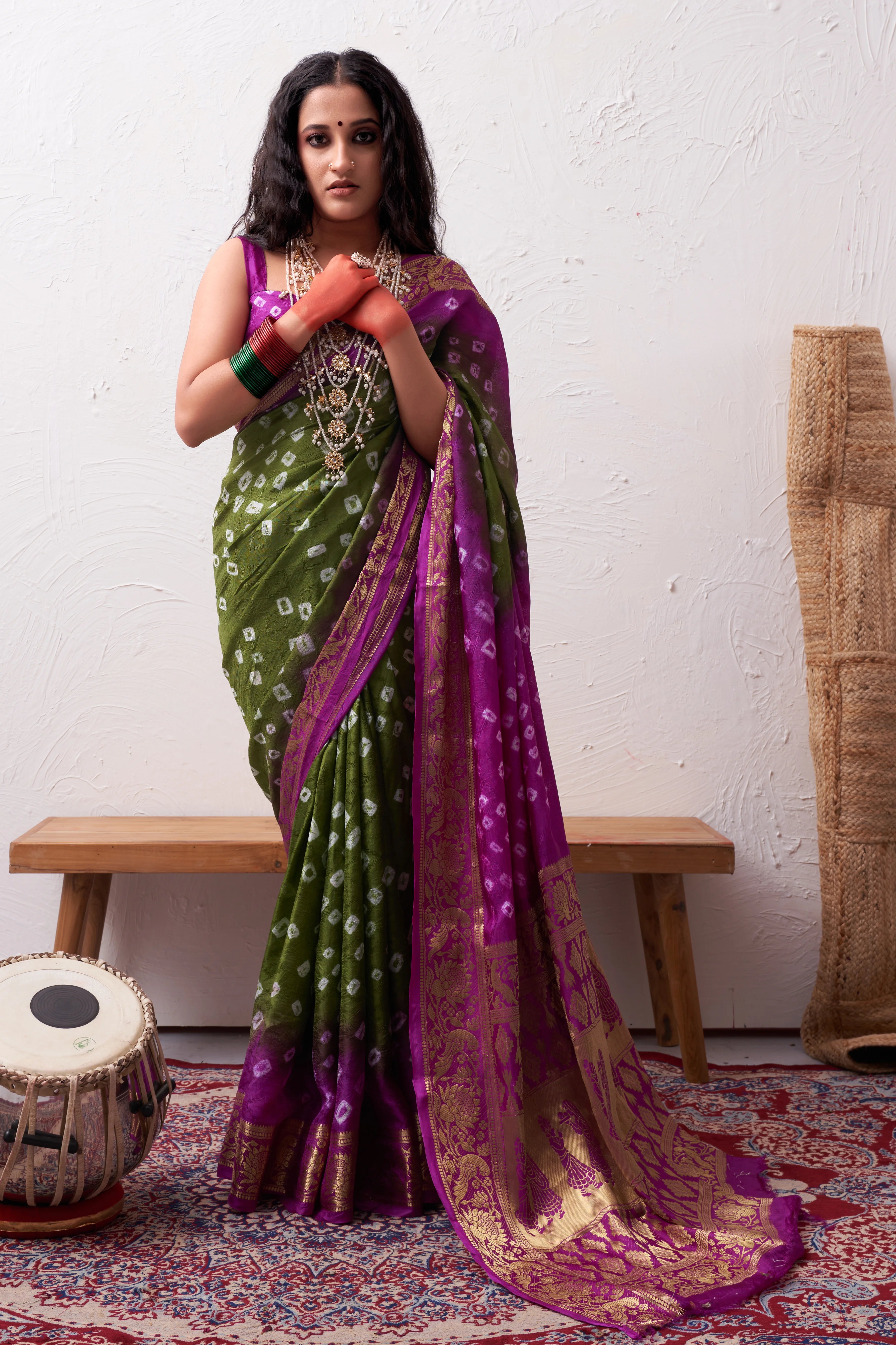 MehendiGreenMullberySilkBandhaniPartyWearSaree1.webp