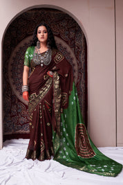 Elegant Mocha Brown Jaquard Silk Bandhani Saree