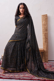 Midnight Noir Black Soft Silk Bandhani Saree