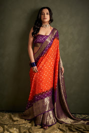 Radiant Amber Orange Kanjeevaram Silk Bandhani Saree