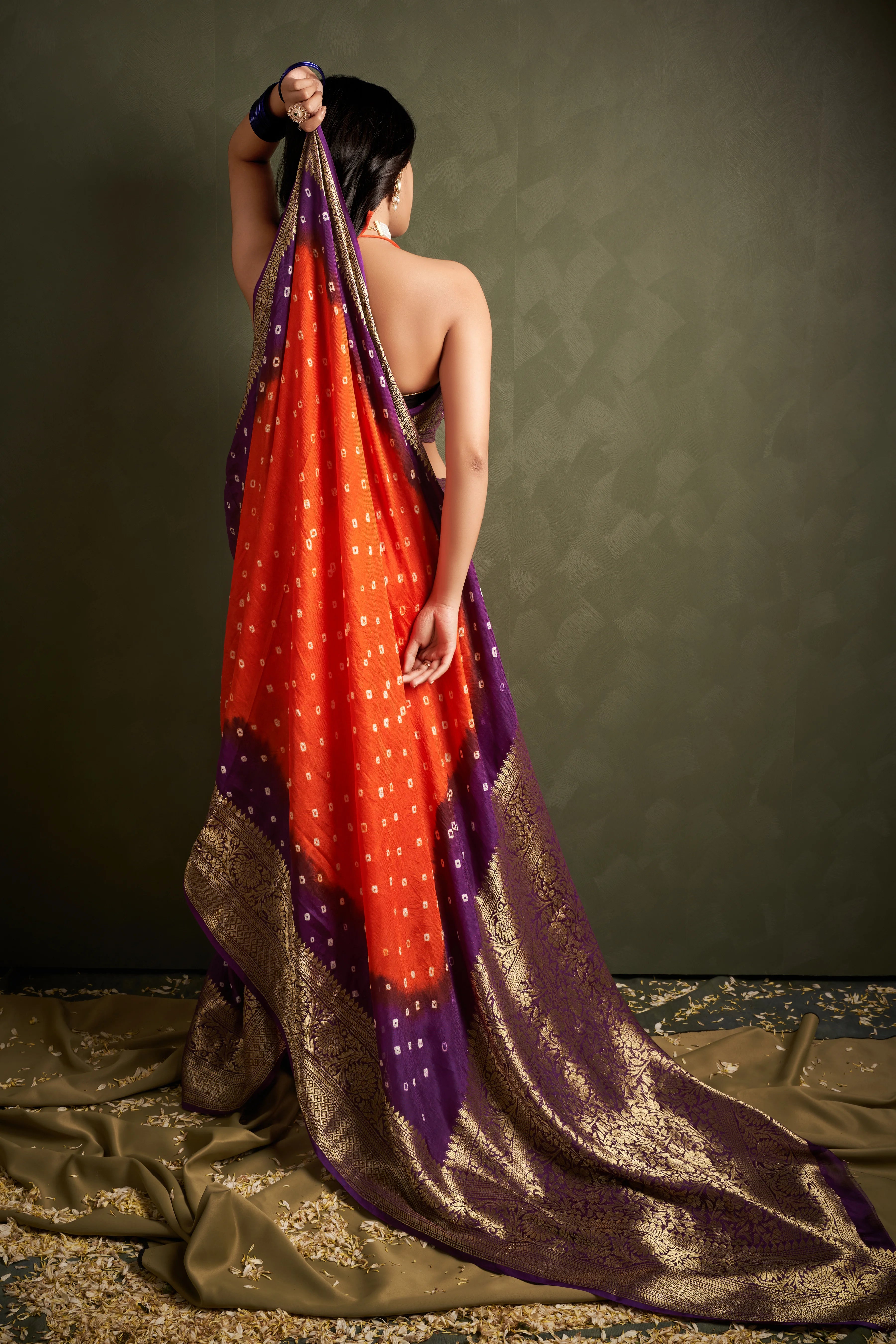 Radiant Amber Orange Kanjeevaram Silk Bandhani Saree