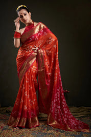 Radiant Tangerine Orange Jaquard Silk Bandhani Saree