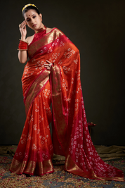 Radiant Tangerine Orange Jaquard Silk Bandhani Saree