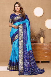 Ornate Blue Jaquard Silk Bandhani Saree