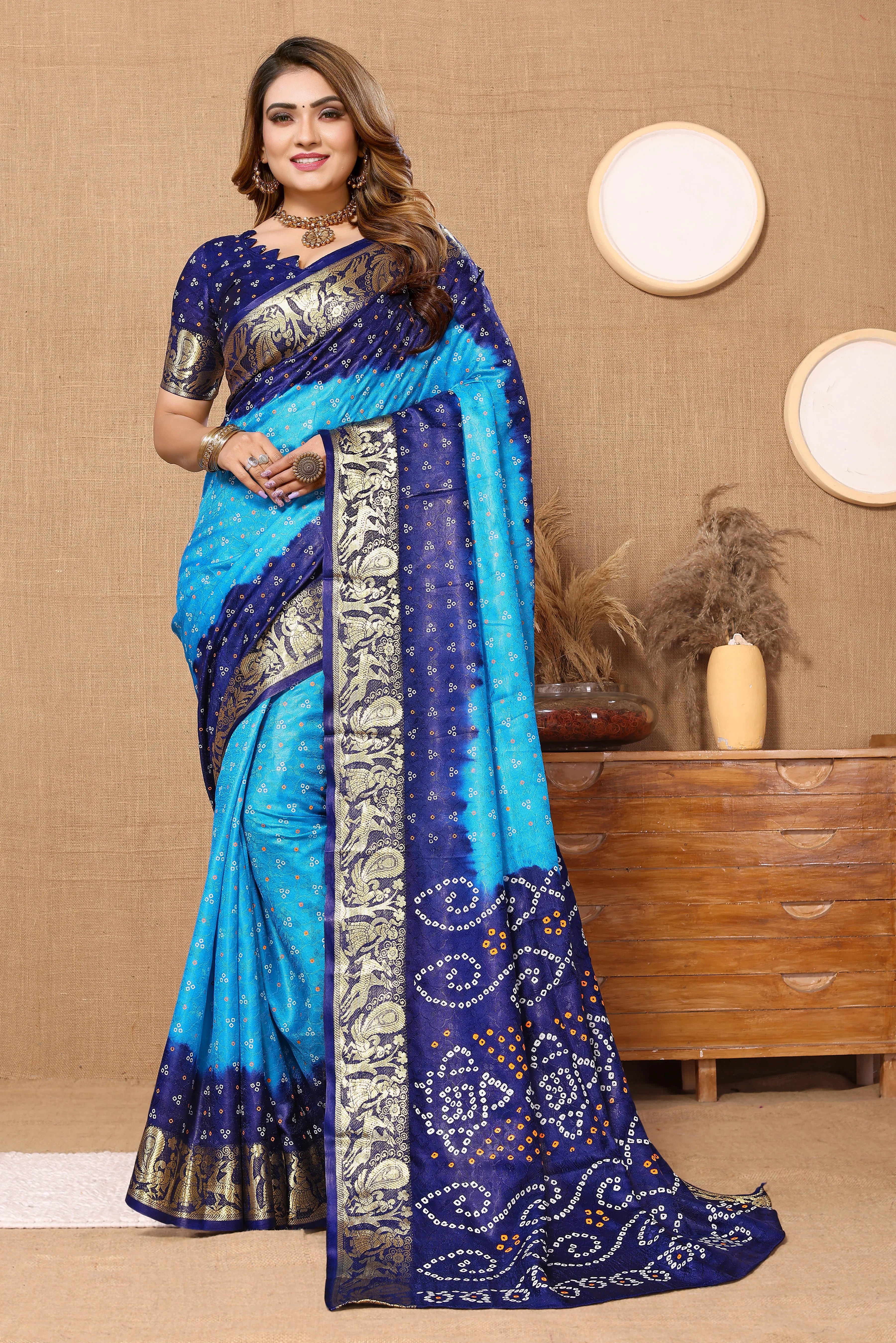 OrnateBlueJaquardSilkBandhejSaree1.webp