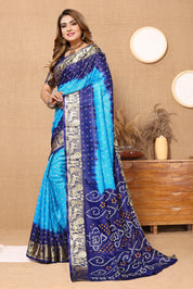 Ornate Blue Jaquard Silk Bandhani Saree