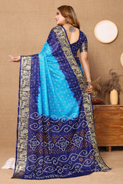 Ornate Blue Jaquard Silk Bandhani Saree