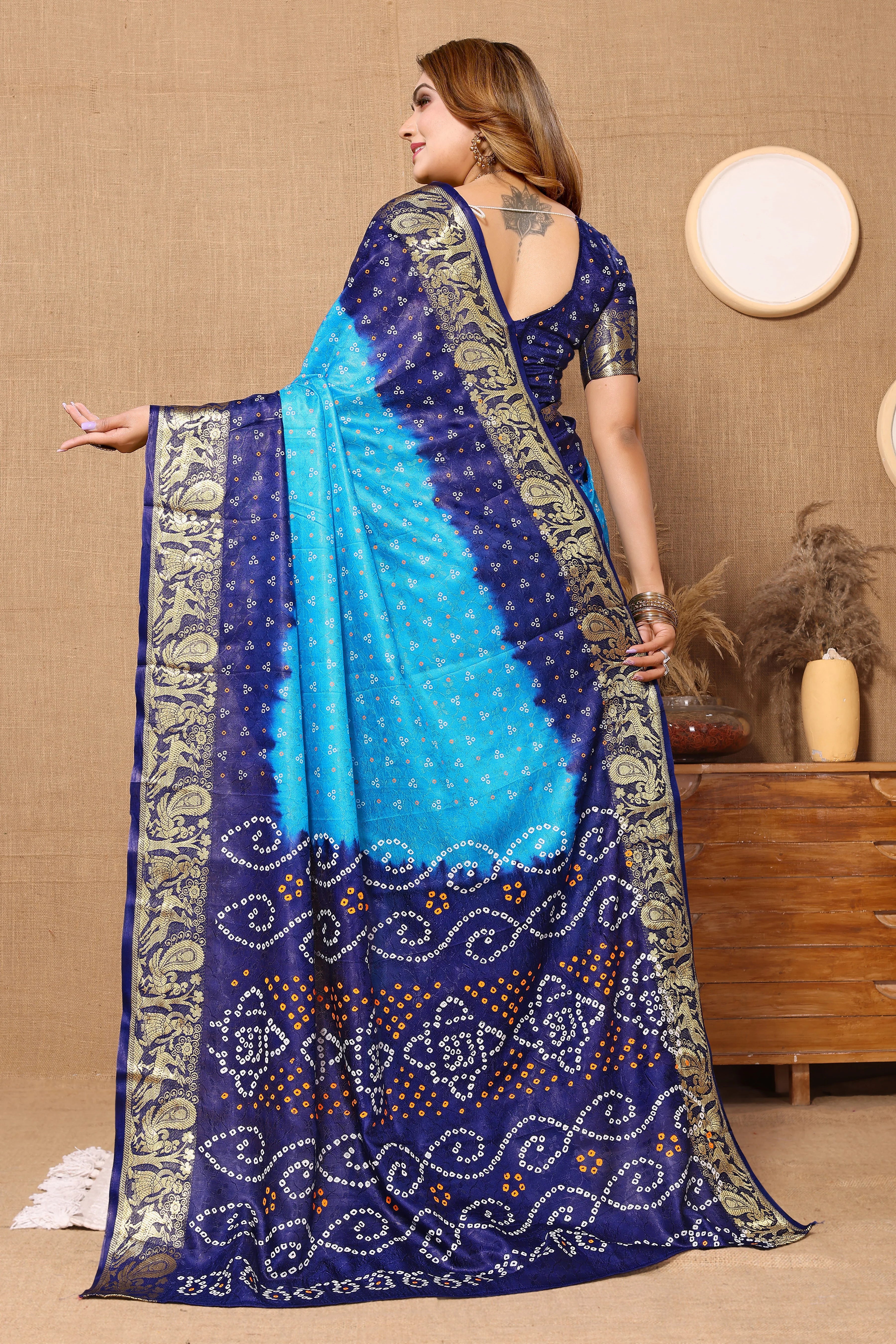 Ornate Blue Jaquard Silk Bandhani Saree