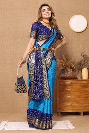 Ornate Blue Jaquard Silk Bandhani Saree