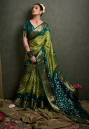 Vibrant Parrot Green Jaquard Silk Bandhani Saree