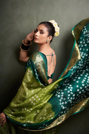 Vibrant Parrot Green Jaquard Silk Bandhani Saree