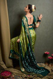 Vibrant Parrot Green Jaquard Silk Bandhani Saree