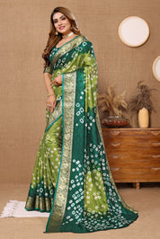 Luminous Parrot Green Jaquard Silk Bandhani Saree