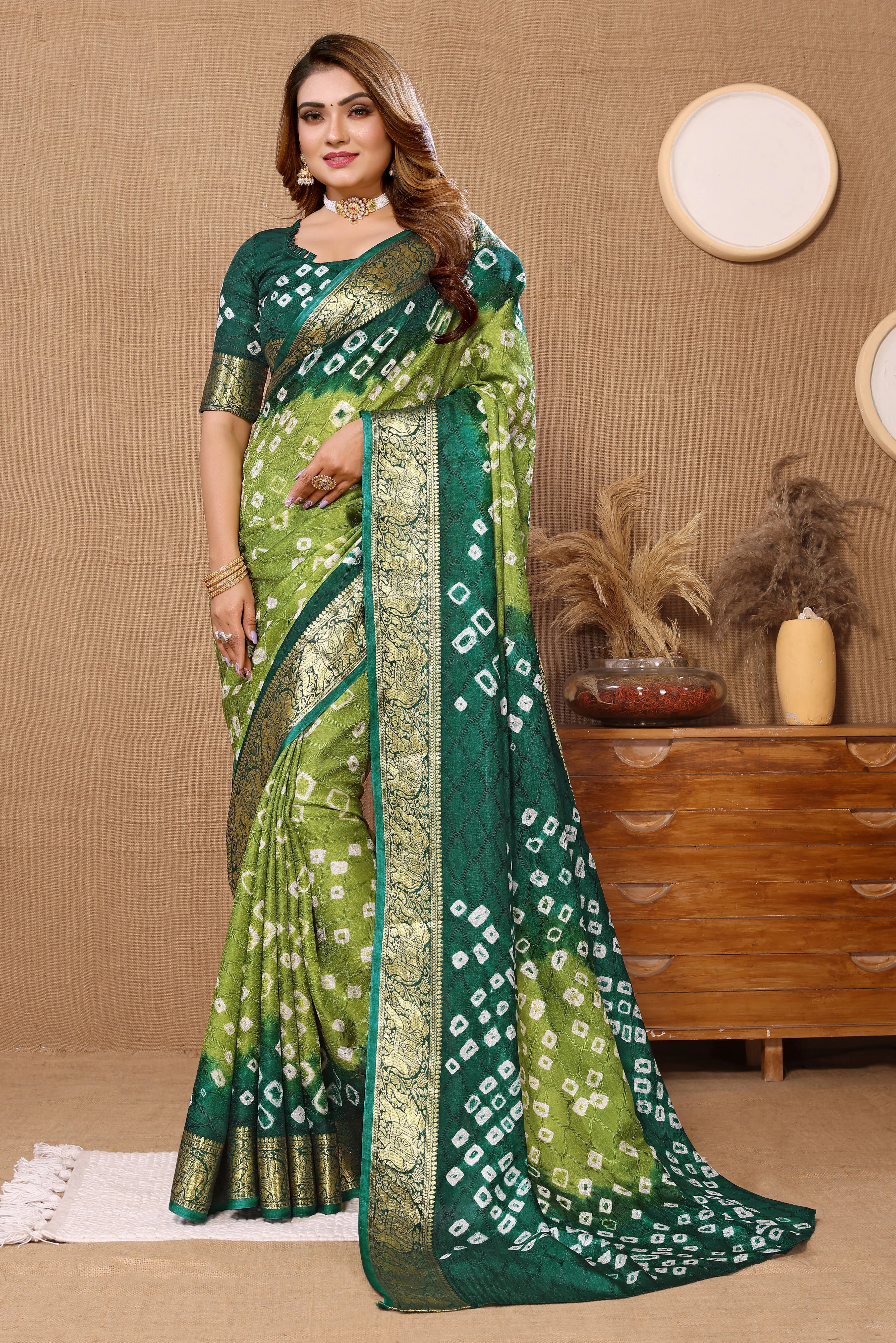 Luminous Parrot Green Jaquard Silk Bandhani Saree