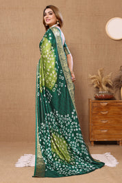 Luminous Parrot Green Jaquard Silk Bandhani Saree