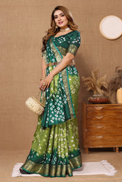 Luminous Parrot Green Jaquard Silk Bandhani Saree