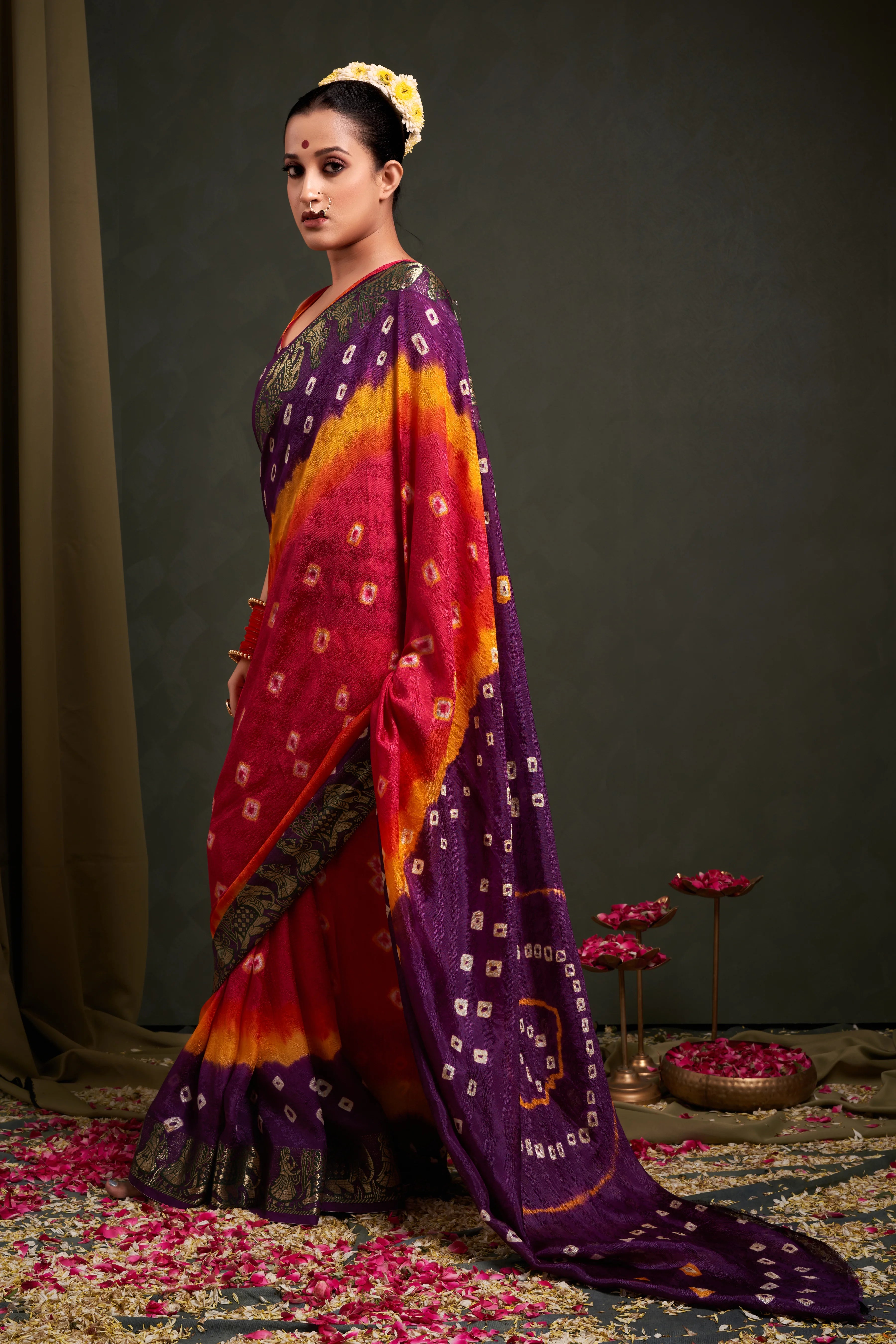 Delicate Petal Pink Jaquard Silk Bandhani Saree