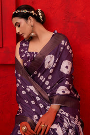 Regal Plum Dark Purple Handloom Bandhani Saree