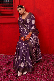 Regal Plum Dark Purple Handloom Bandhani Saree