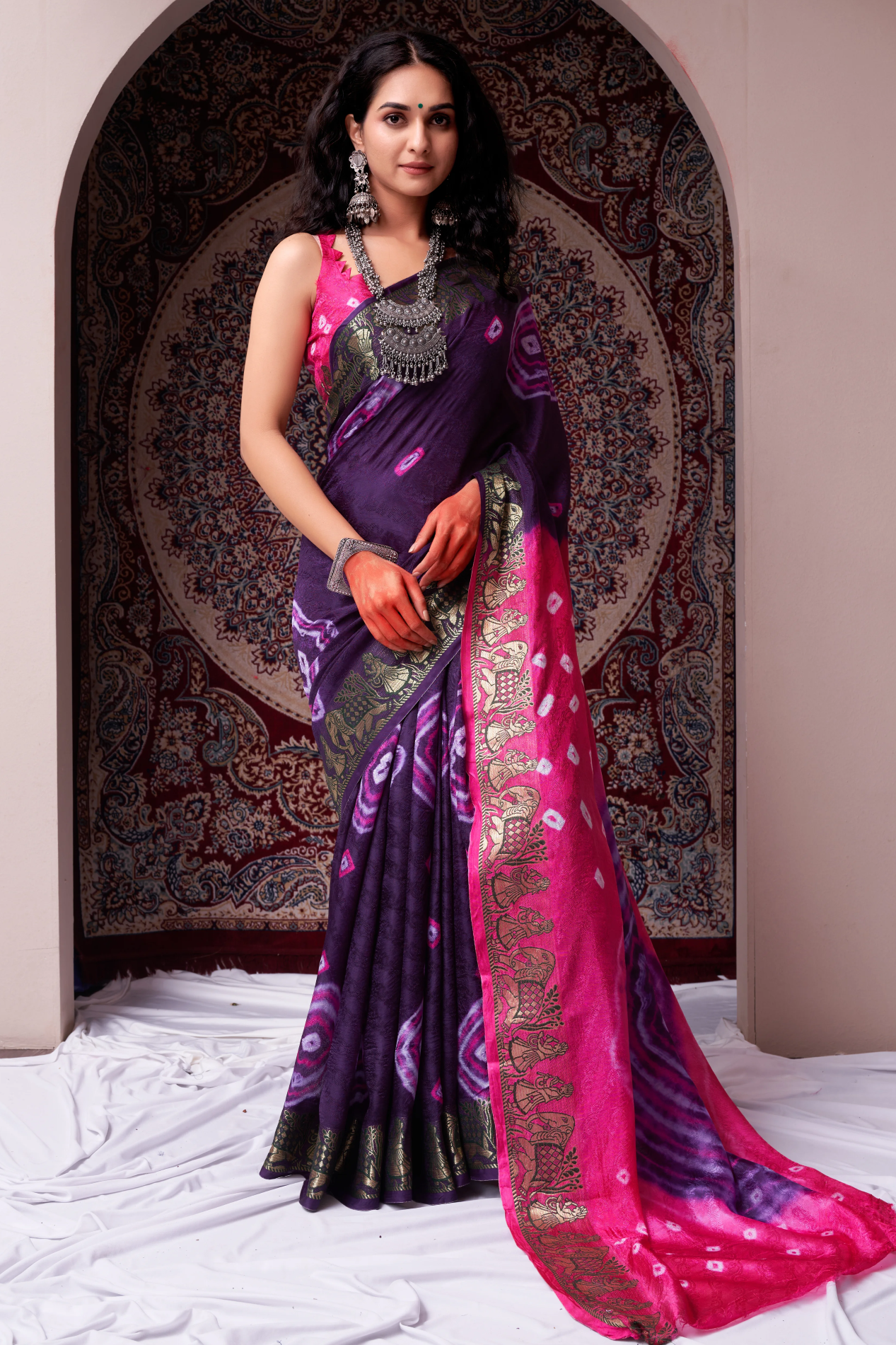 Majestic Purple Jaquard Silk Bandhani Saree