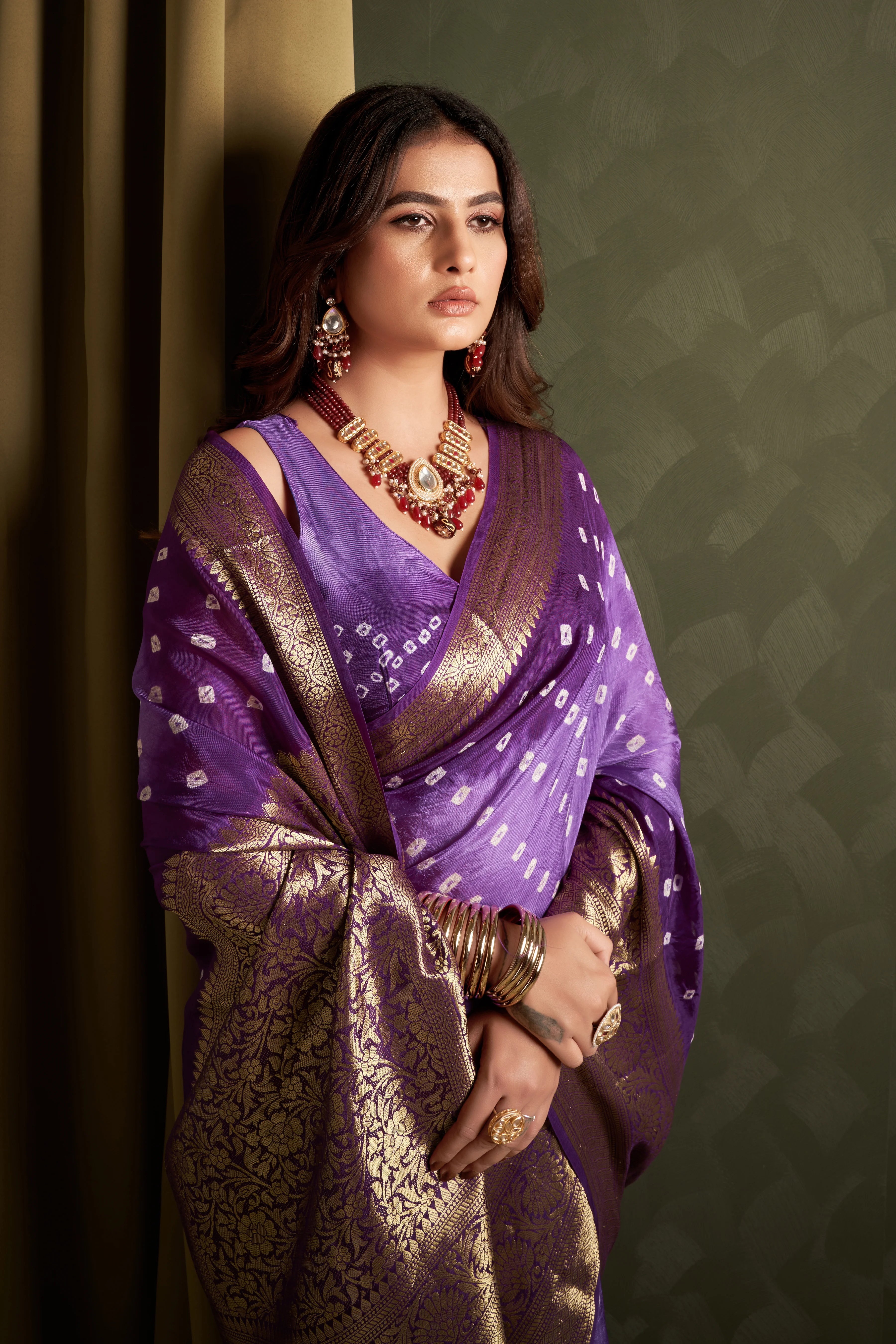 Charming Wisteria Purple Kanjeevaram Silk Bandhani Saree