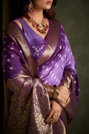 Charming Wisteria Purple Kanjeevaram Silk Bandhani Saree