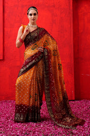 Rich Persimmon Orange Jaquard Silk Bandhani Saree