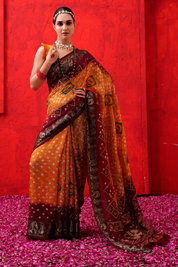 Rich Persimmon Orange Jaquard Silk Bandhani Saree