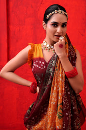 Rich Persimmon Orange Jaquard Silk Bandhani Saree