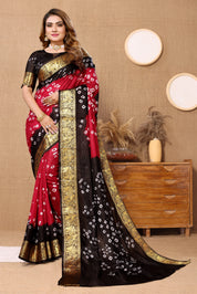 Elegant Rose Red Jaquard Silk Bandhani Saree