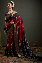 Opulent Ruby Red Jaquard Silk Bandhani Saree