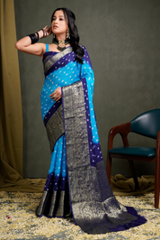 Serene Sea Blue Kanjeevaram Silk Bandhani Saree