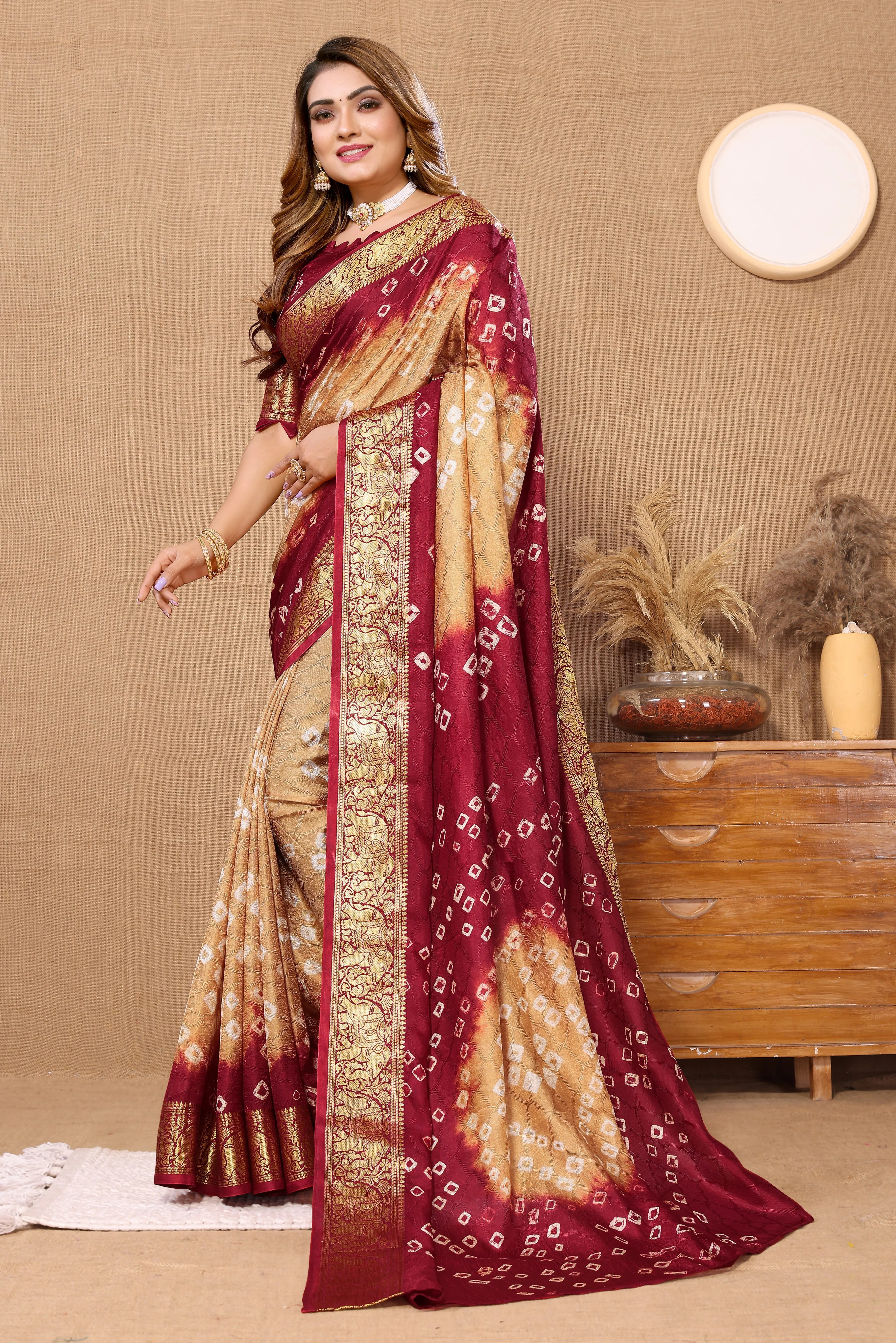 Subtle Skin Jaquard Silk Bandhani Saree