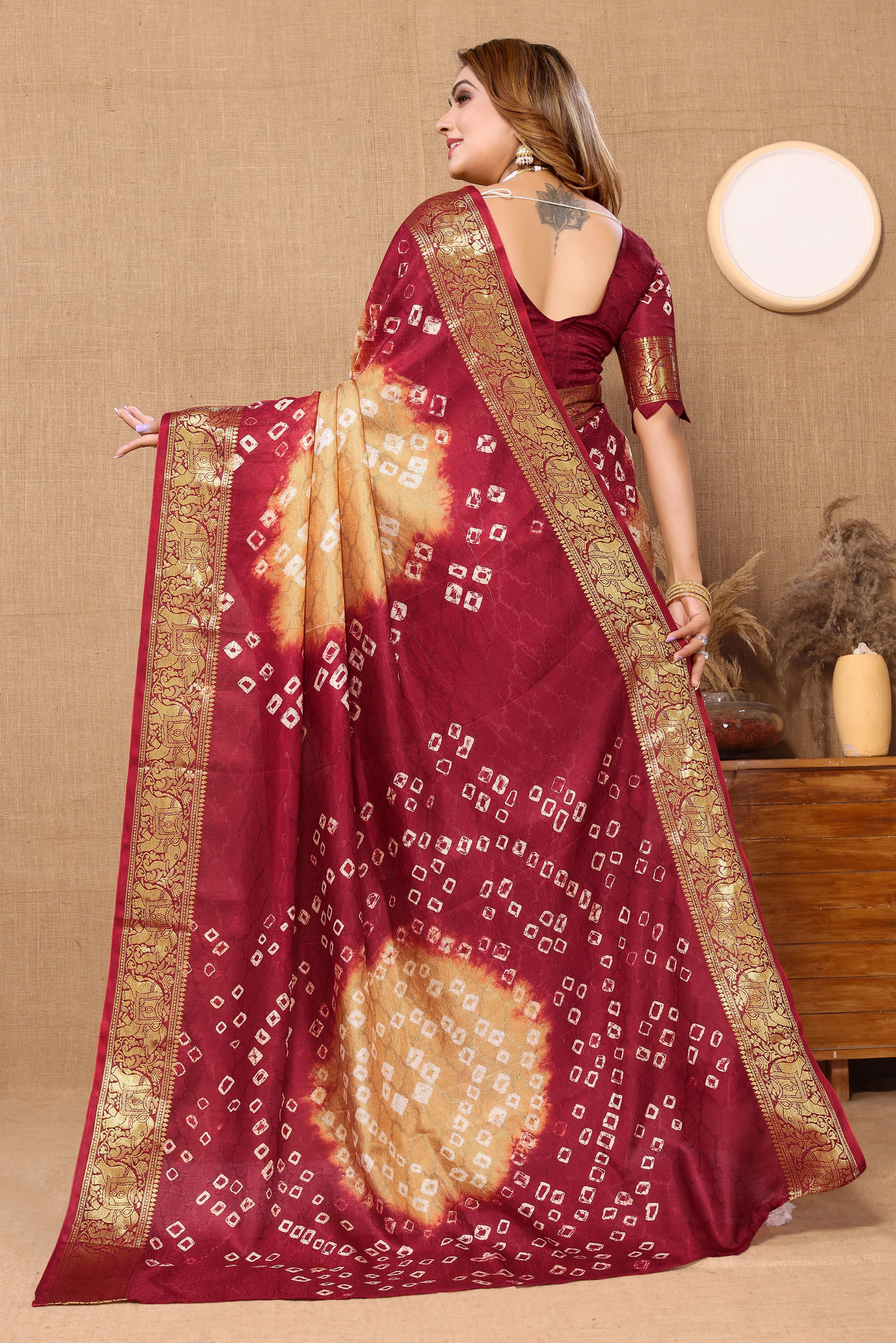 Subtle Skin Jaquard Silk Bandhani Saree