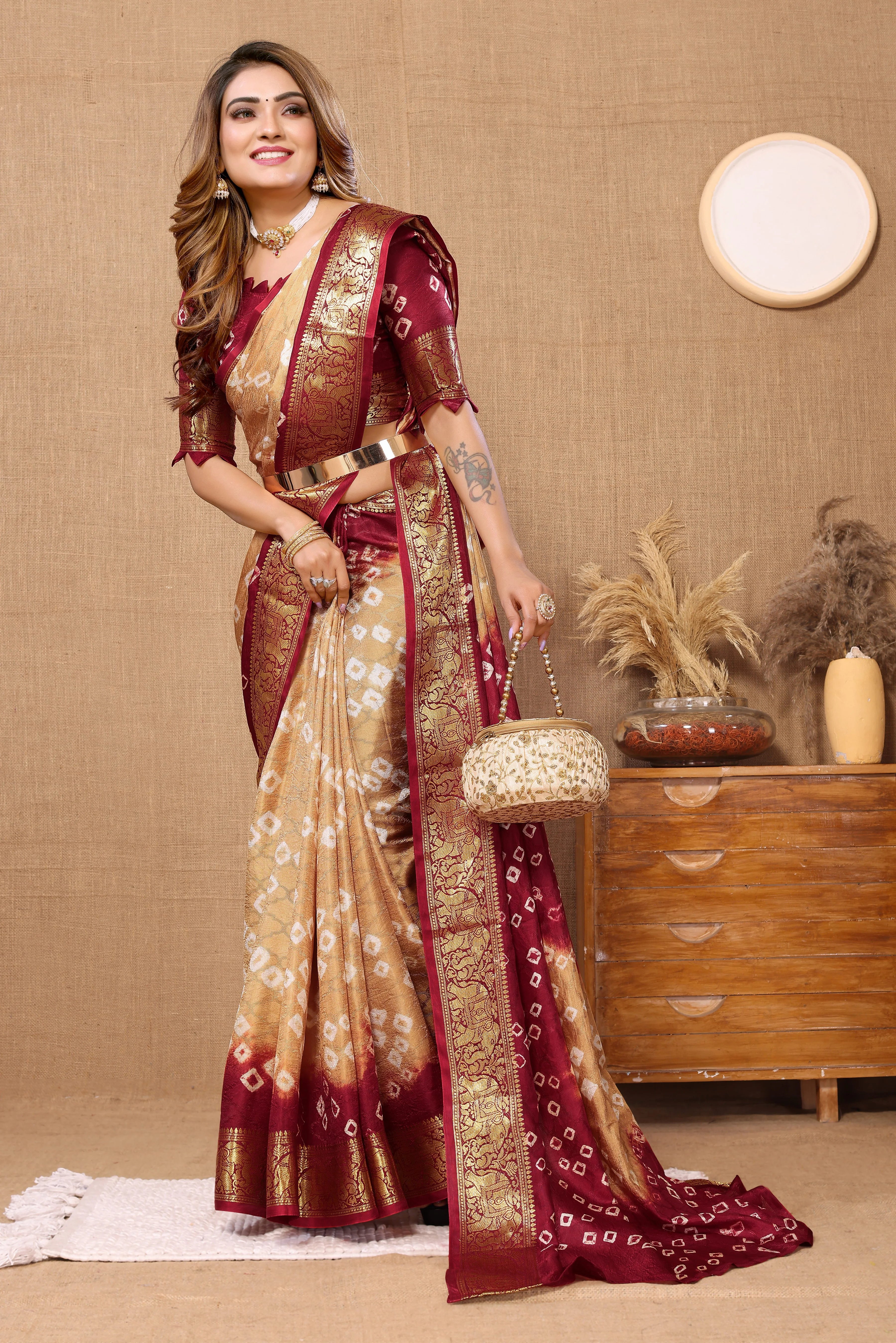 Subtle Skin Jaquard Silk Bandhani Saree