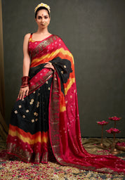 Timeless Dark Green Jaquard Silk Bandhani Saree