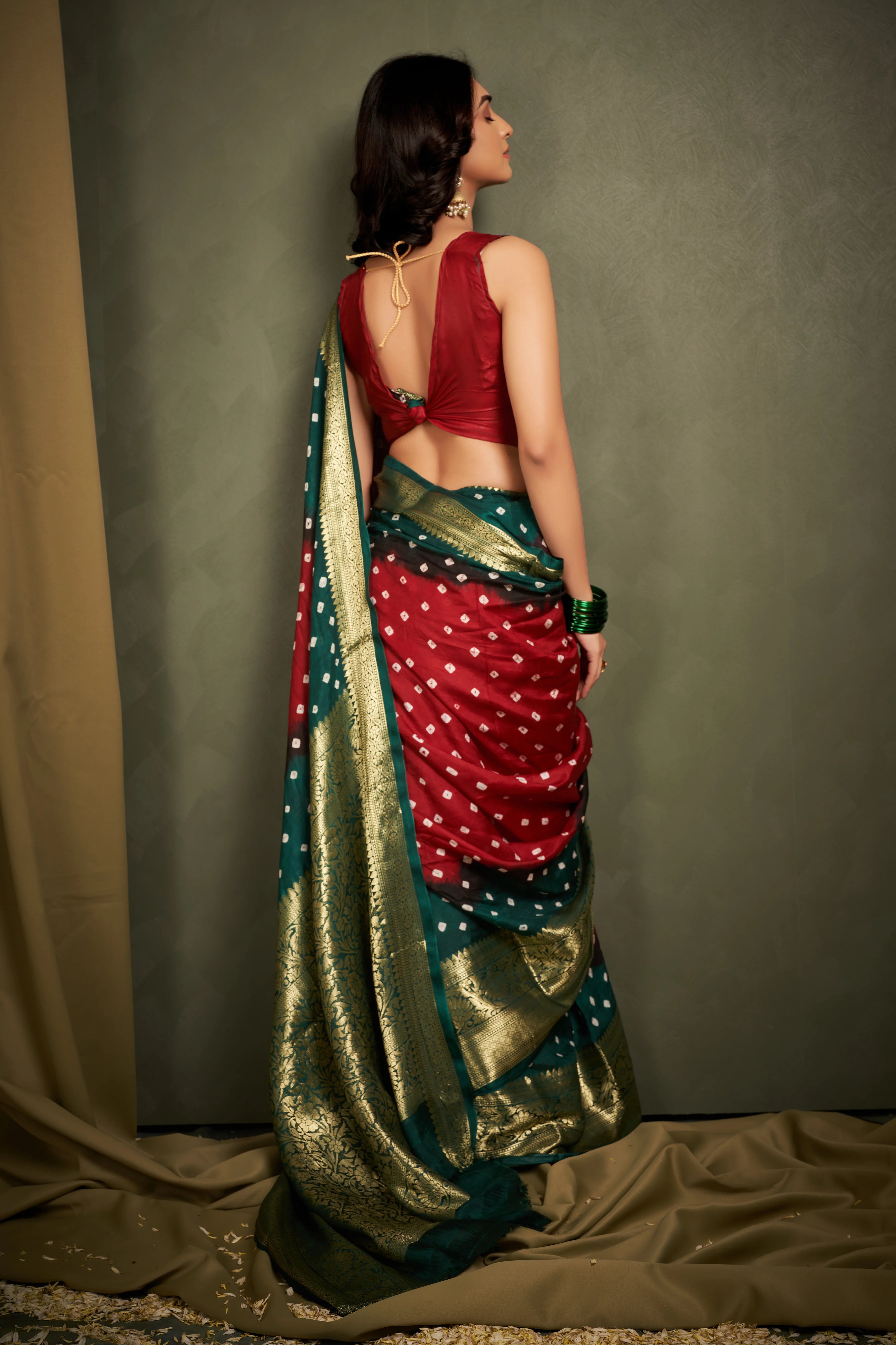 Deep Wine Maroon Kanjeevaram Silk Bandhani Saree