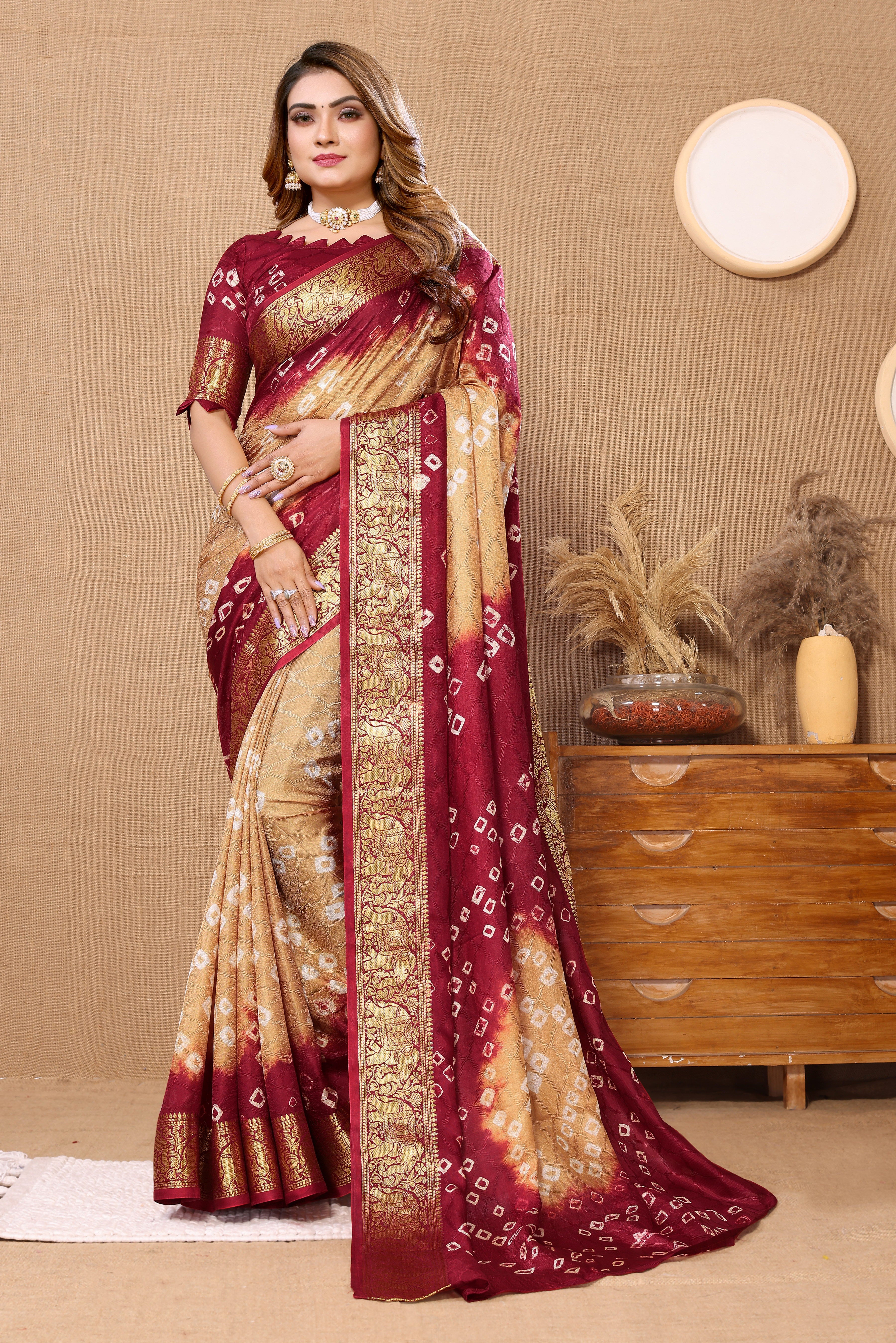 Subtle Skin Jaquard Silk Bandhani Saree