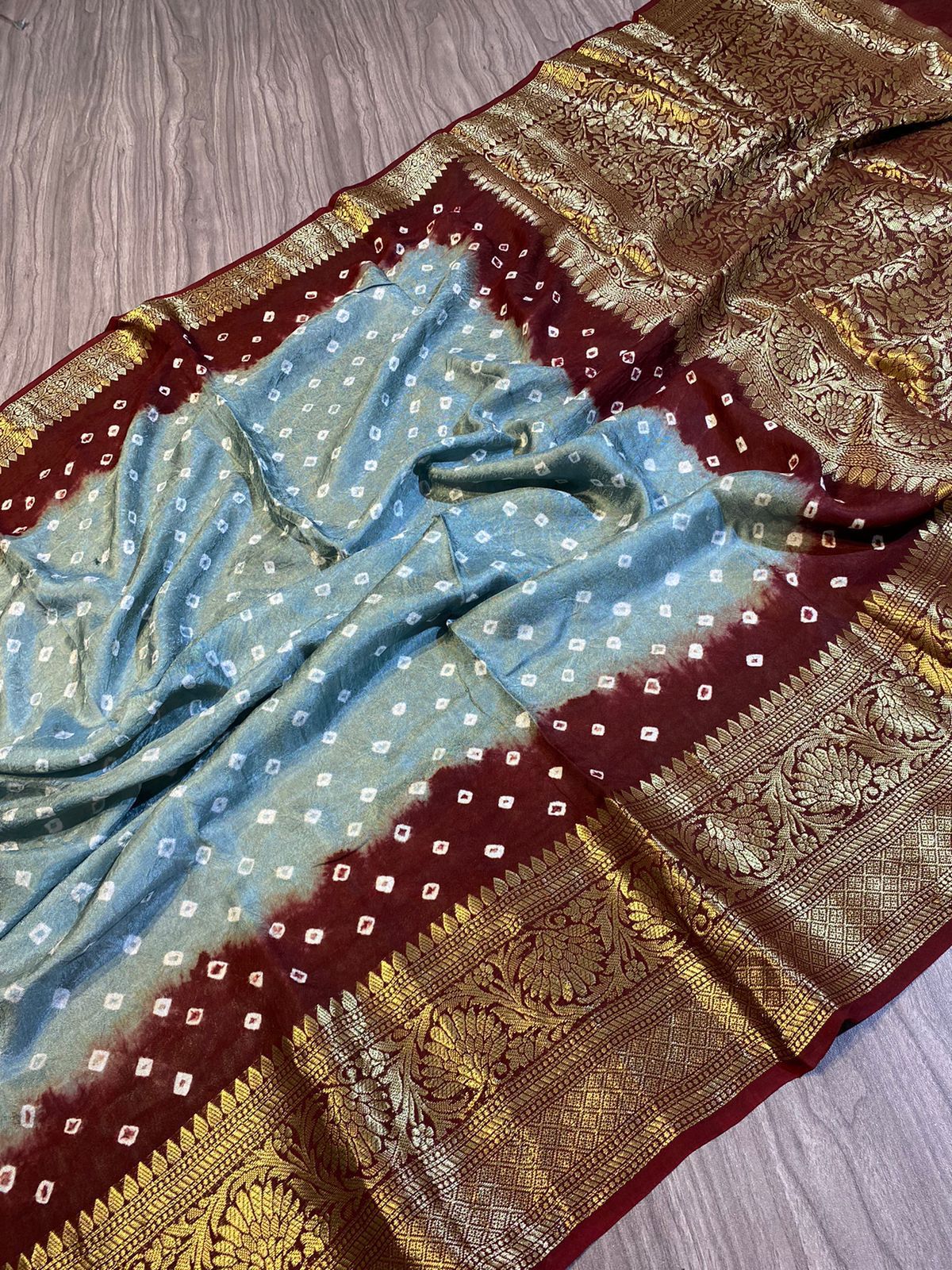 Ash Grey & Maroon Kanjeevaram Silk Bandhani Saree with Woven Jacquard ...