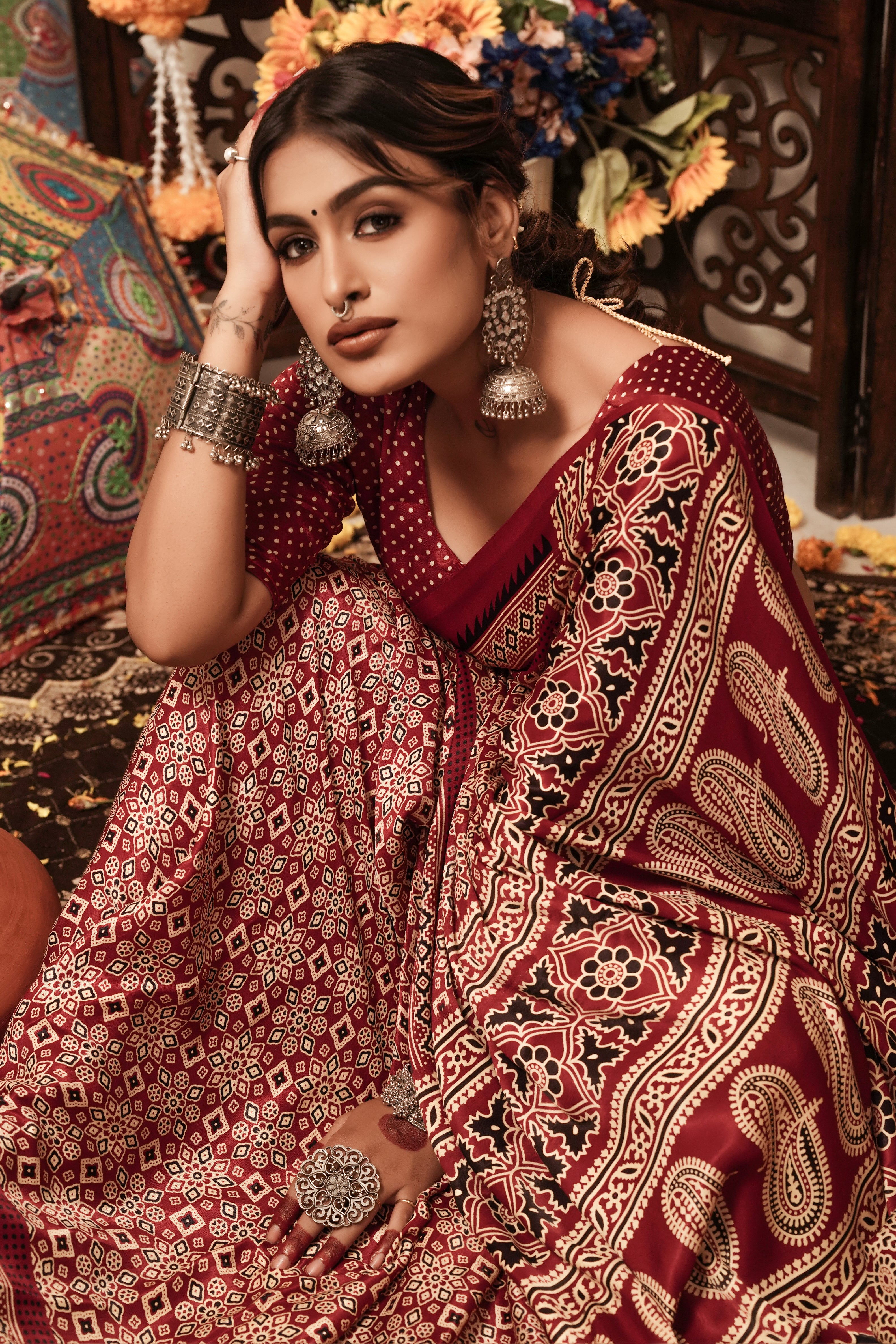Maroon Elegance Gajji Silk Ready to Wear Pocket Bandhani Saree