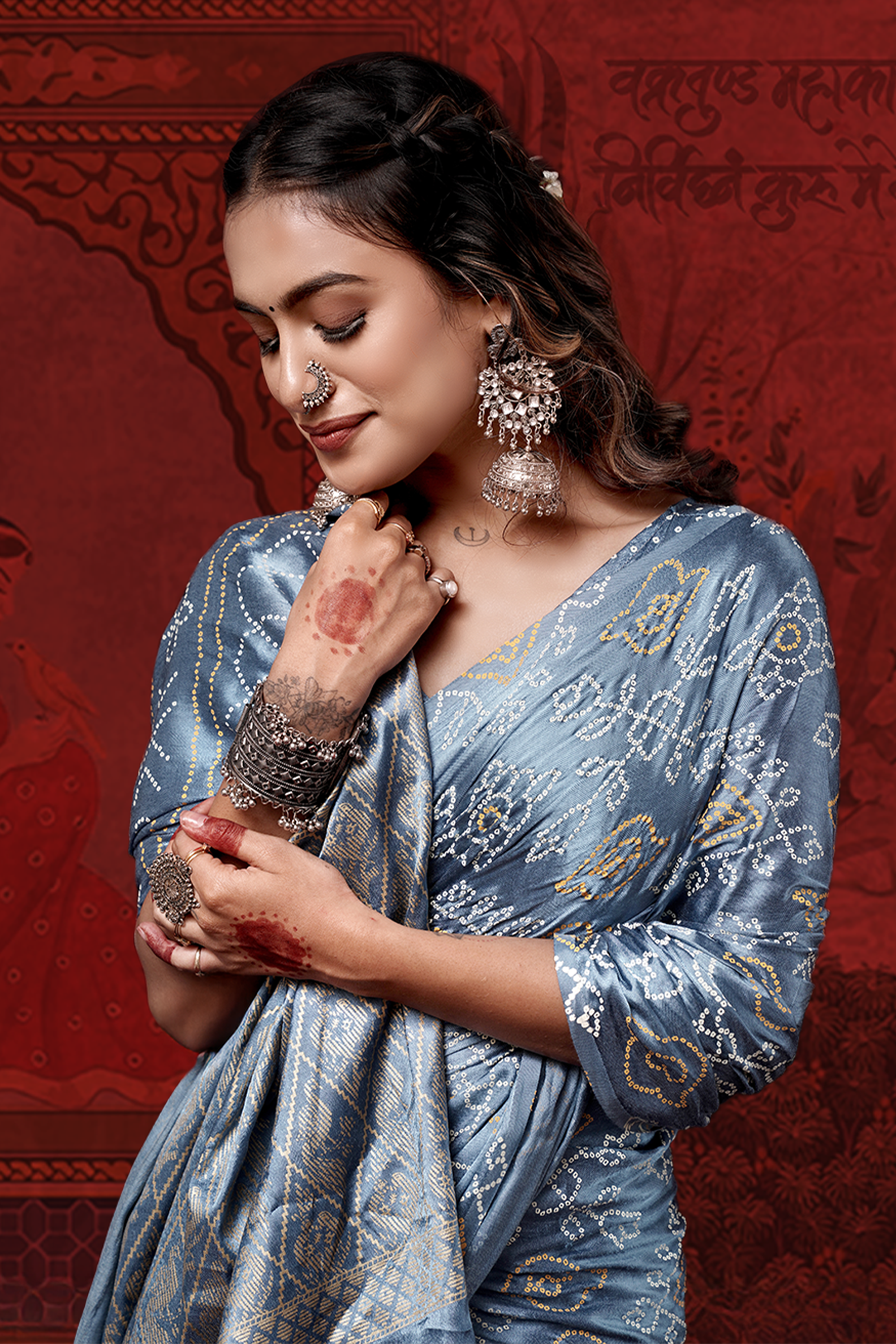 Light Blue Gajji Silk Ready to Wear Pocket Bandhani Saree